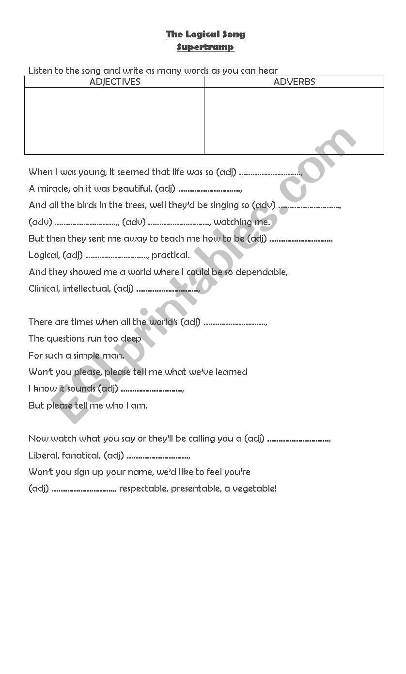 The logical song worksheet