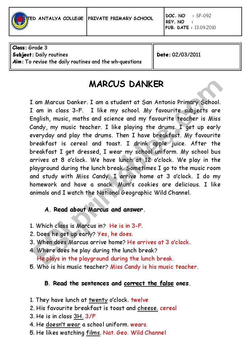 marcus daily life worksheet