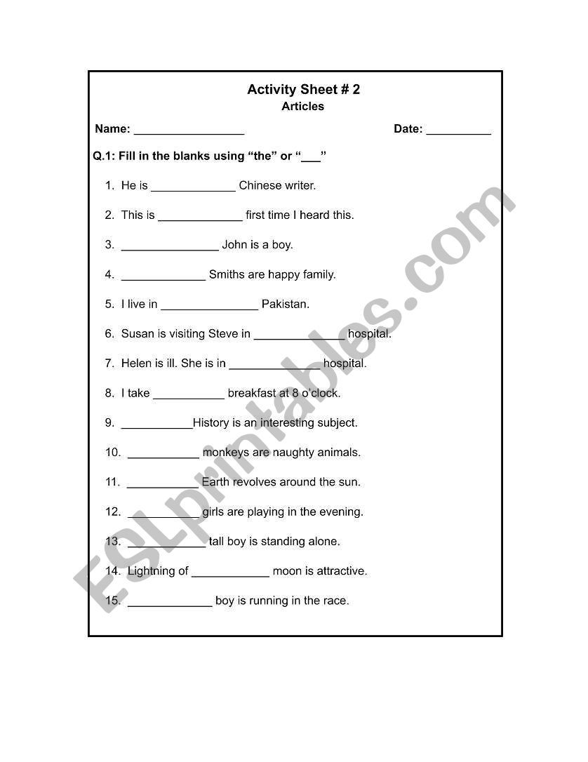 Articles  worksheet