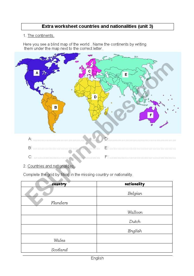 countries and nationalities worksheet