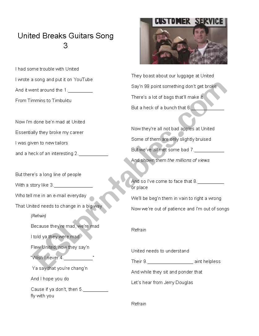 United breaks guitars song 3 worksheet