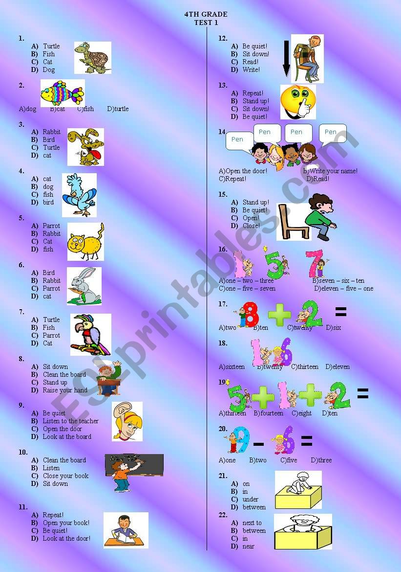 4th grade test page 1 worksheet