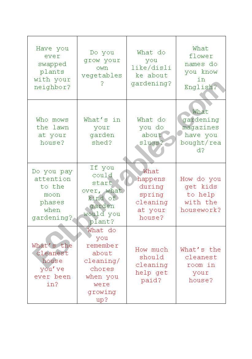 Conversation cards: gardening, spring cleaning, pets 