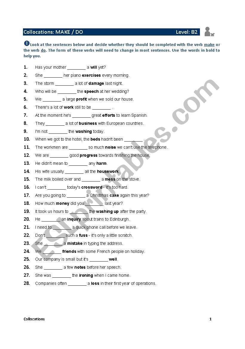 collocations make and do worksheet