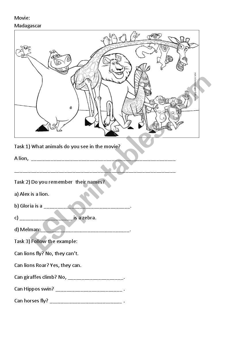 Madagascar Movie activity worksheet