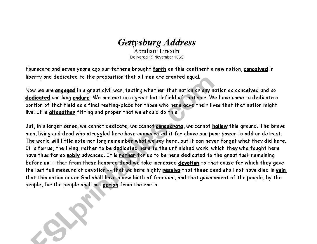 Gettysburg Address with vocabulary