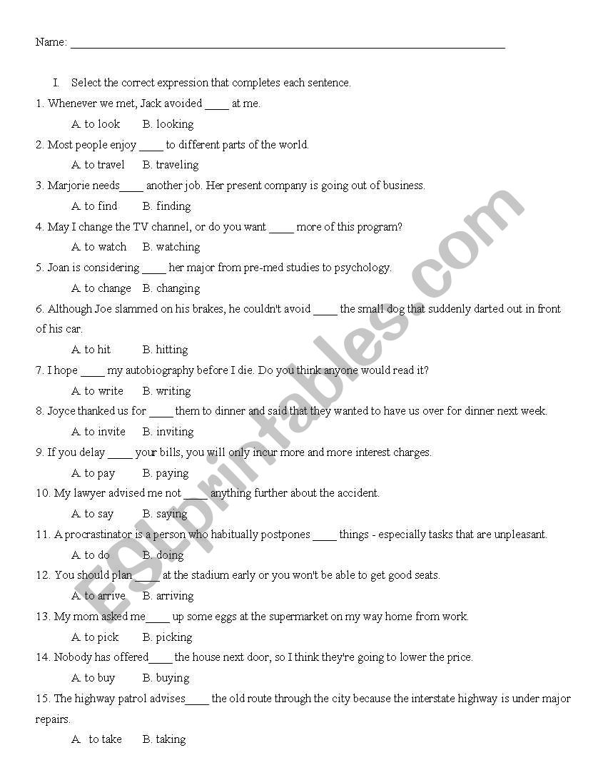 Gerunds and infinitive quiz worksheet