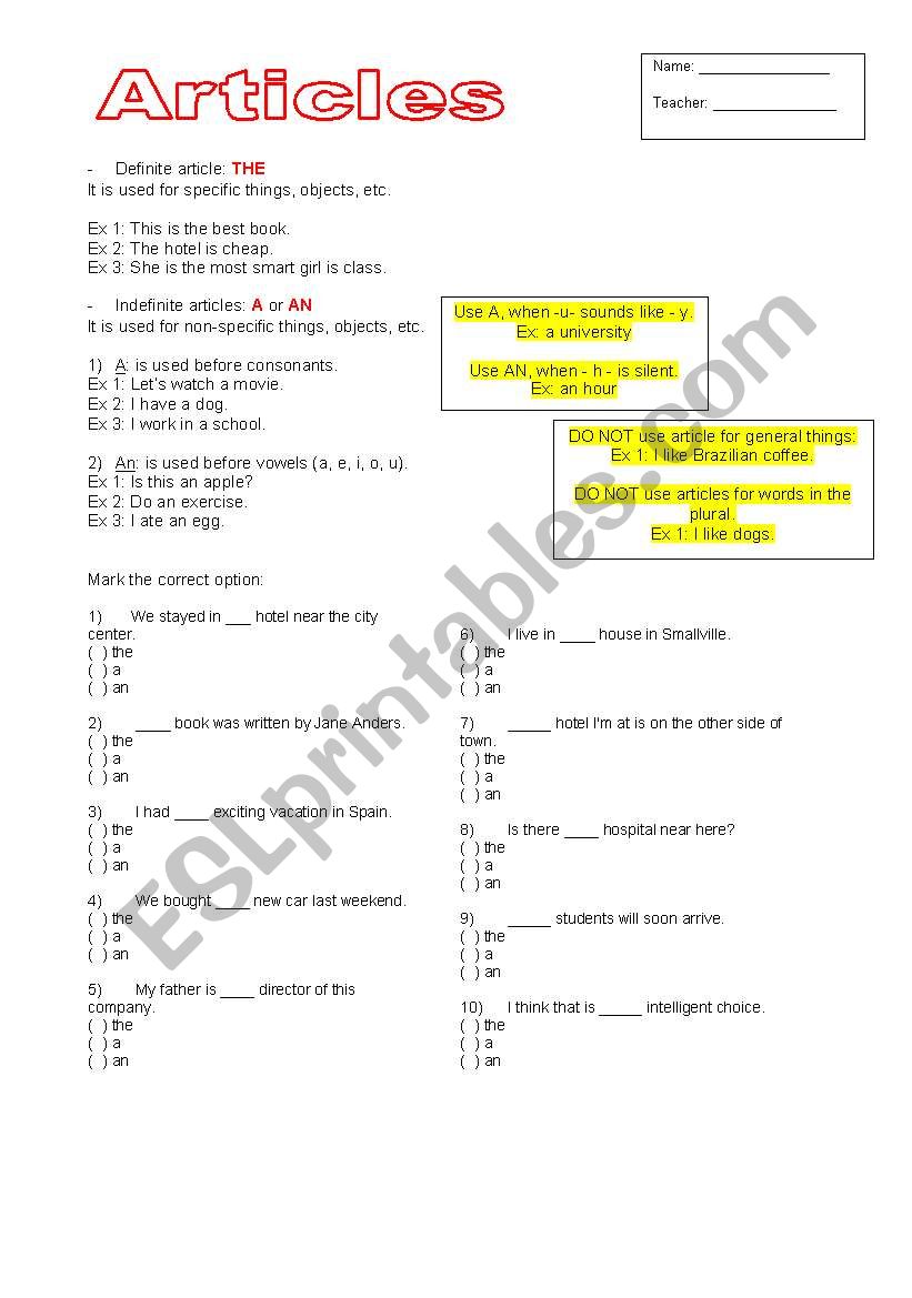 Erticles worksheet