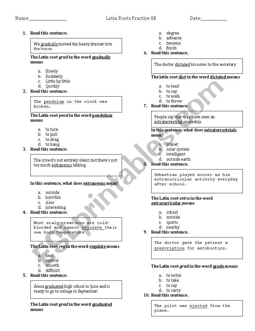 Latin Roots - CA CST Format - 4th Grade