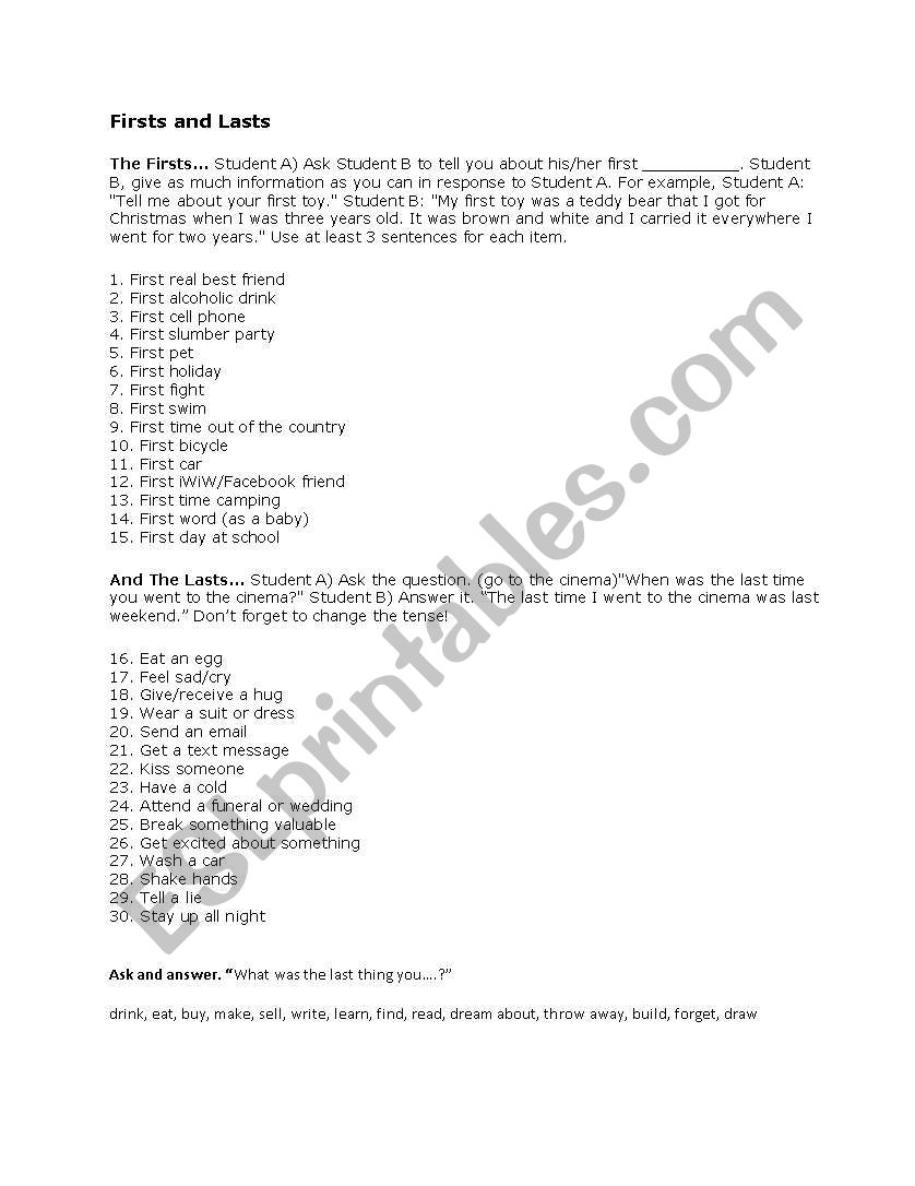 Firsts and Lasts worksheet