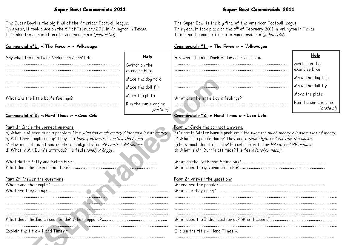 Superbowl commercials worksheet