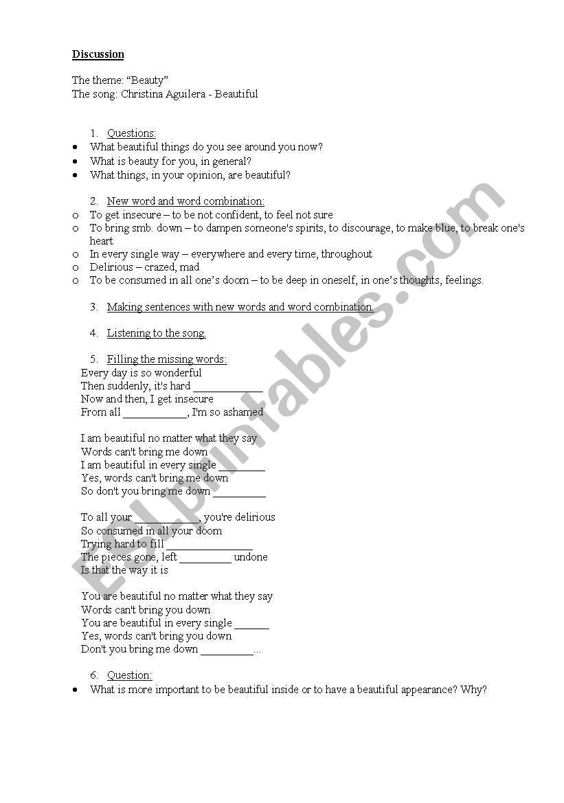 Discussion based on the song worksheet