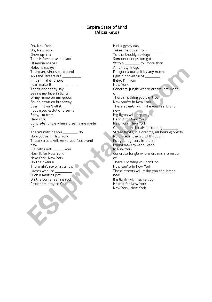 Empire State of Mind Song by Alicia Keys- Fill in the Blanks
