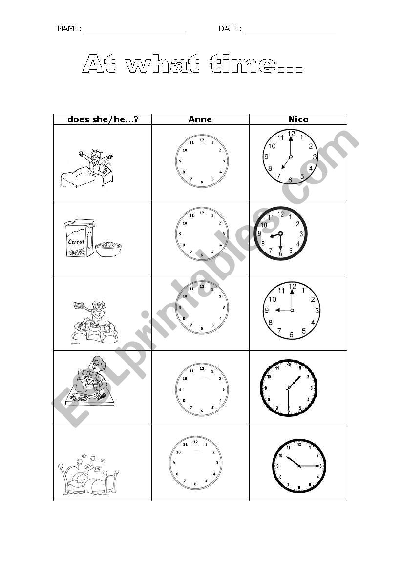 At what thime...? (student A) worksheet