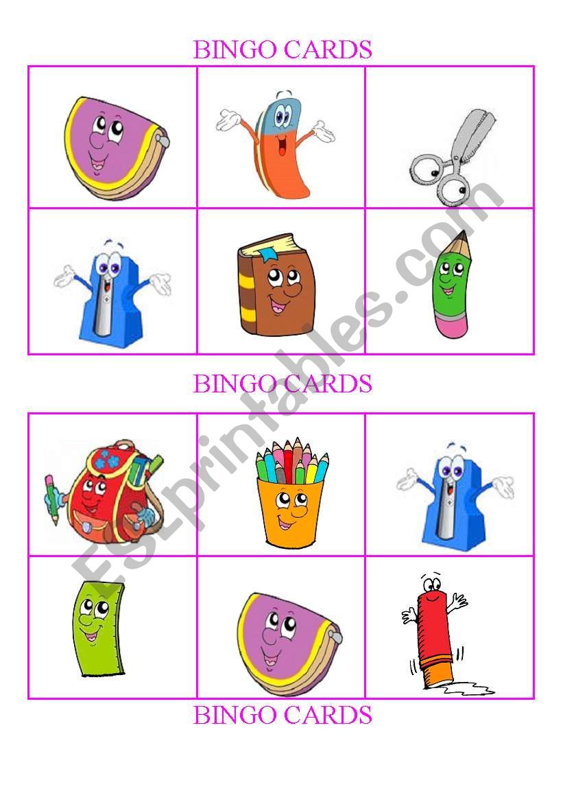 School Objects -Bingo Cards Set 1