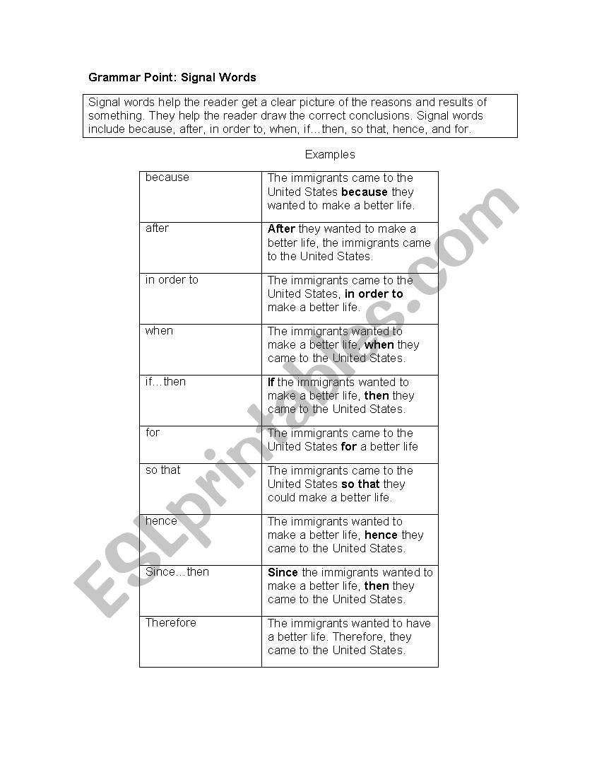 Cause and Effect/Immigration worksheet