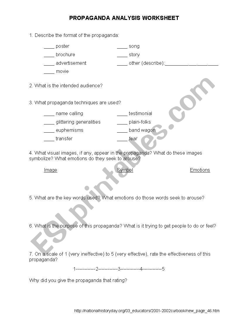 English worksheets: propaganda analysis worksheet