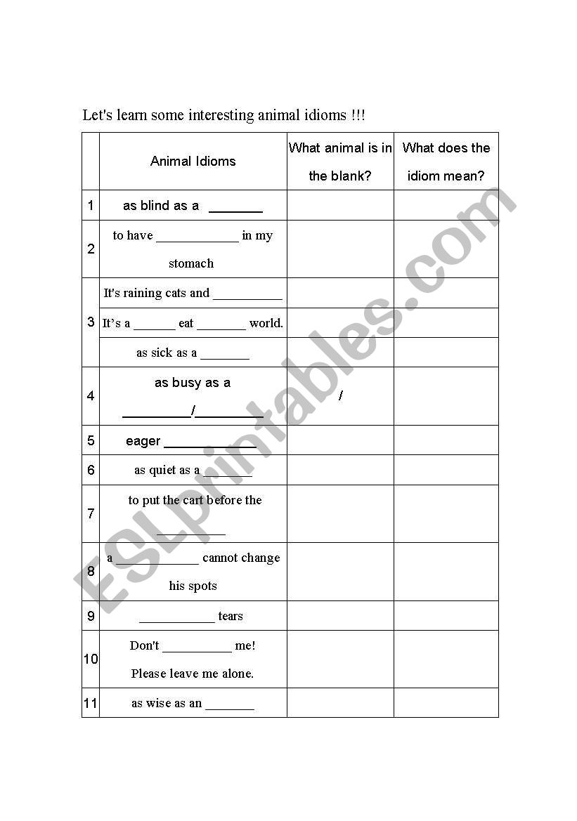 animal idioms worksheet