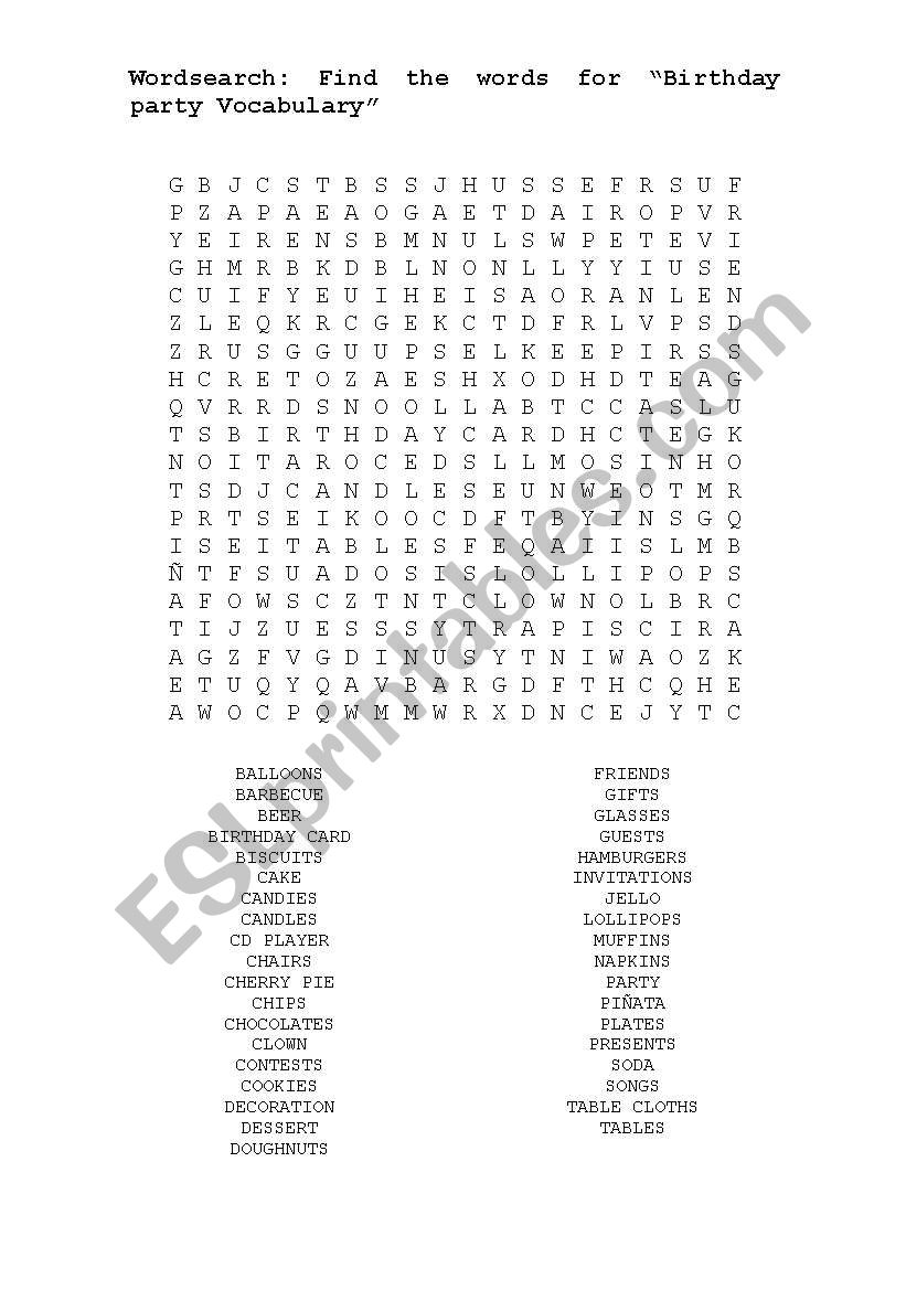 Wordsearch: Bithday party vocabulary