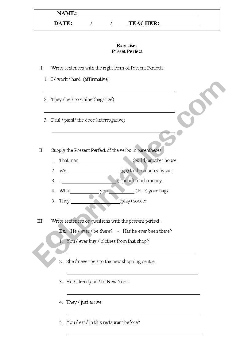 Present Perfect worksheet