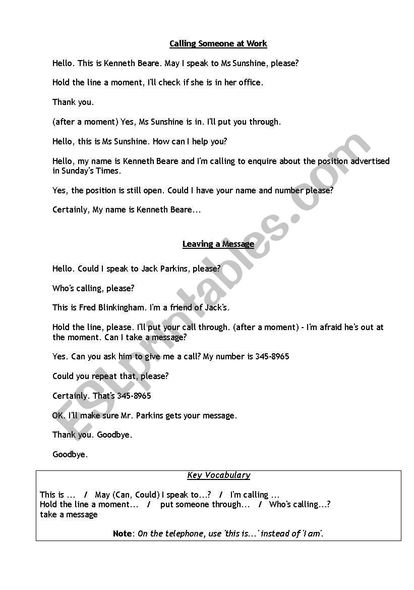 telephone conversations worksheet