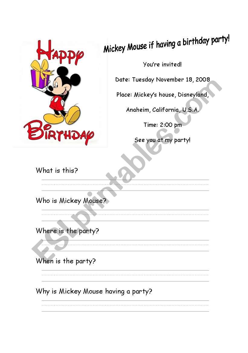Mickey Mouse Invitation worksheet
