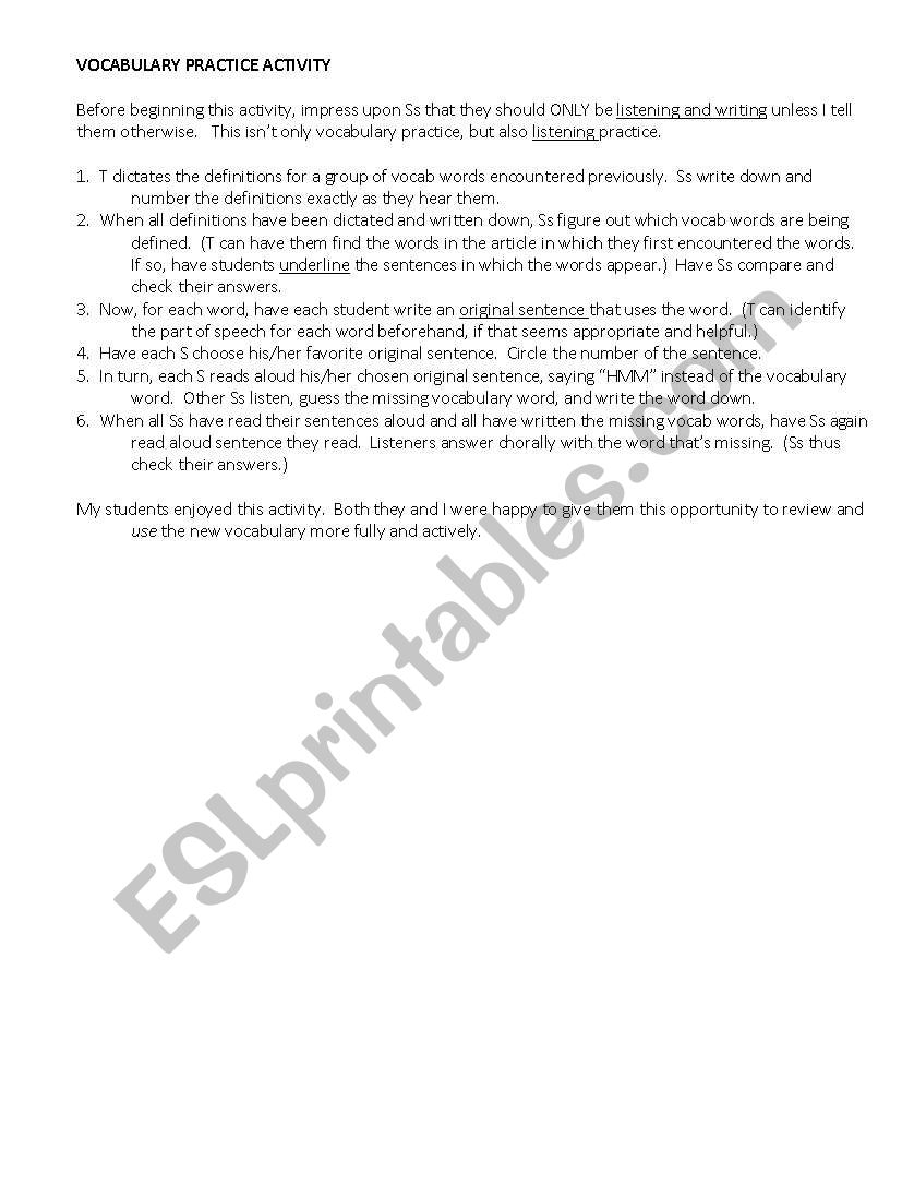 Vocabulary Practice Activity worksheet