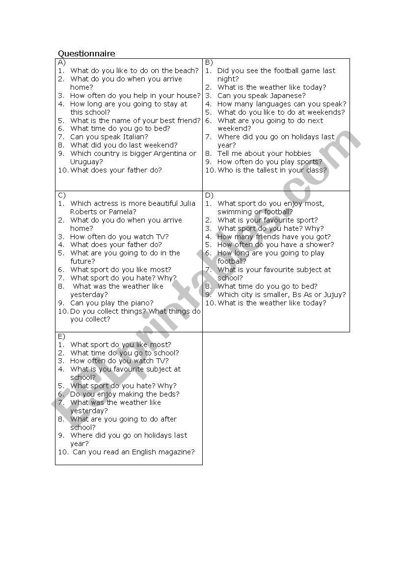 questionnaire worksheet