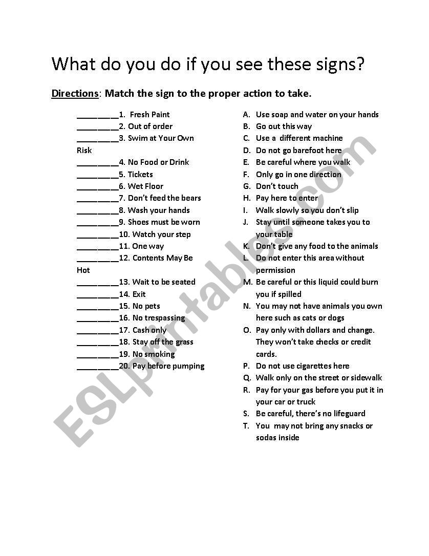 Matching Signs and Actions worksheet