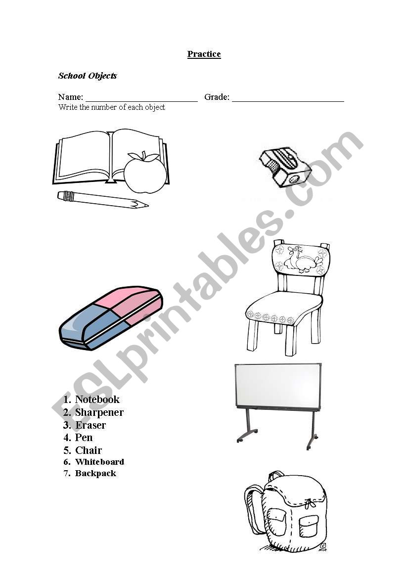 School objects worksheet