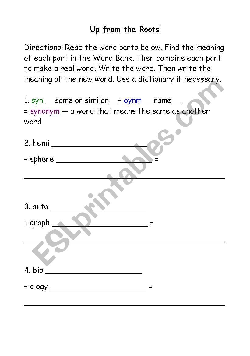 Up from the roots worksheet