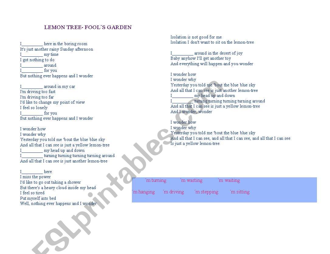 song lemon tree worksheet