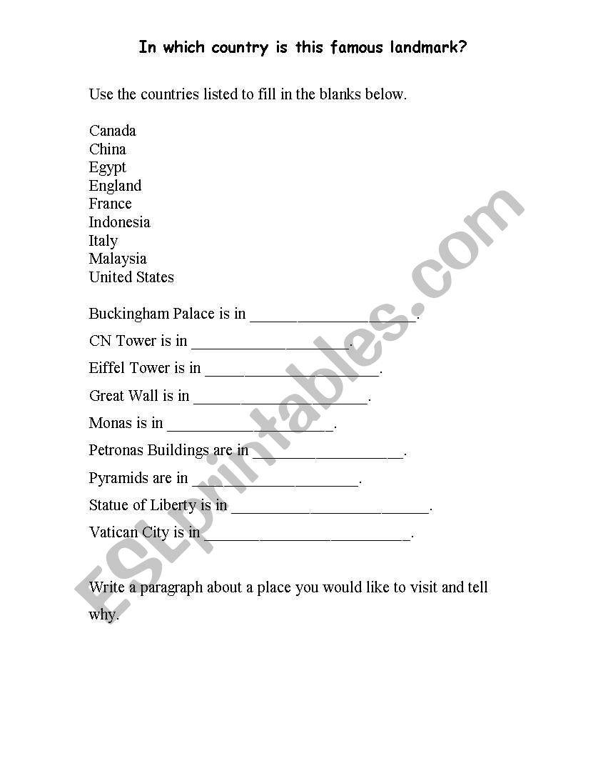 Countries and Landmarks worksheet