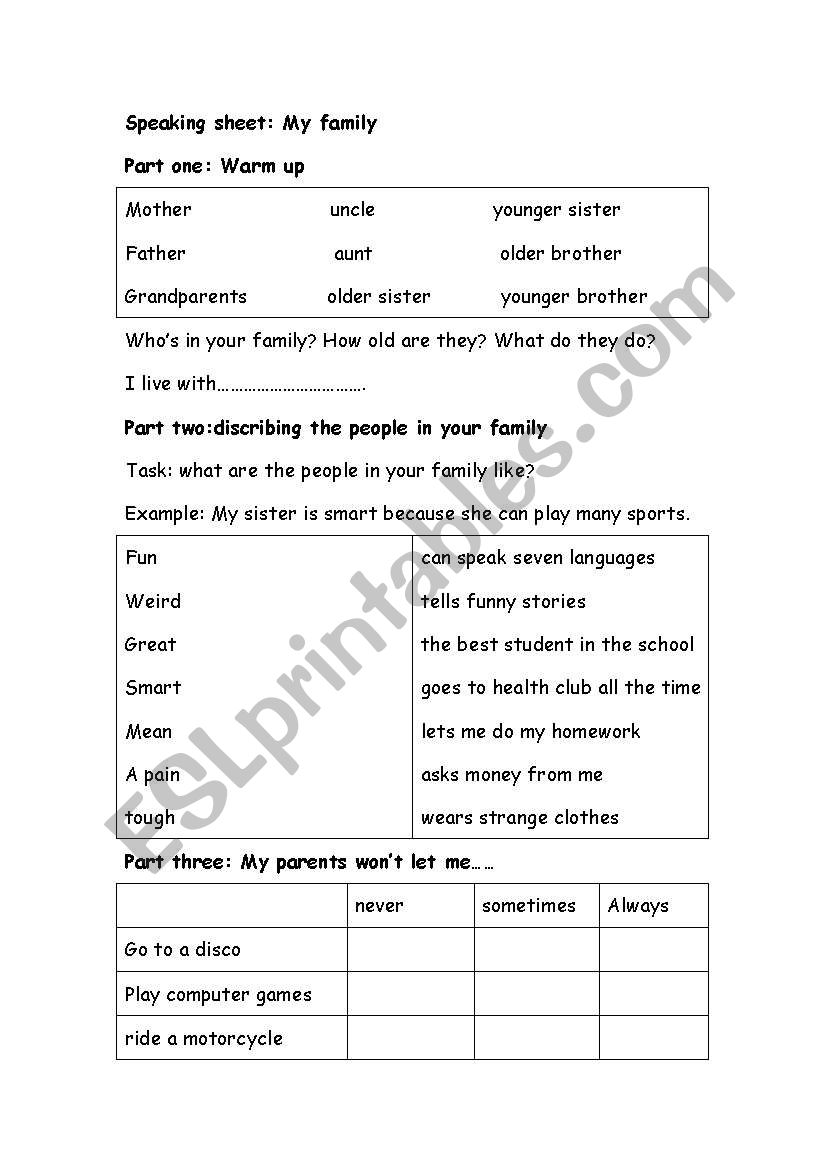 speaking worksheet my family worksheet