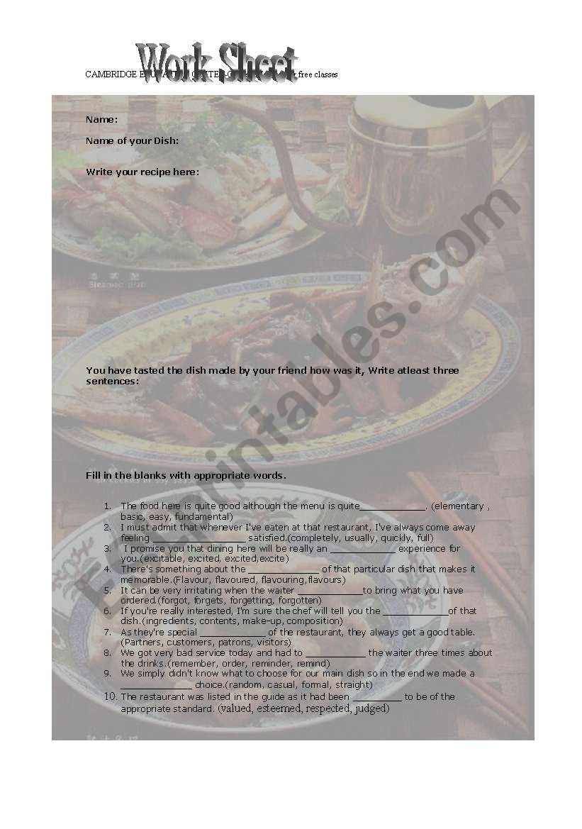 Writing a Recipe worksheet