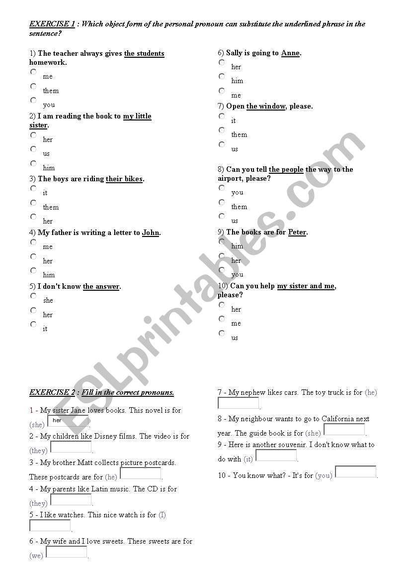 obj pronoun worksheet