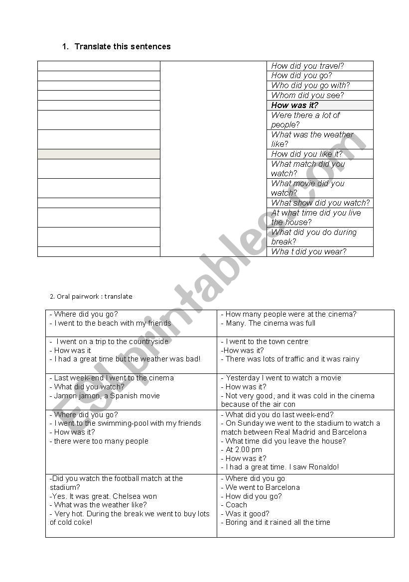 trnaslation: free time worksheet