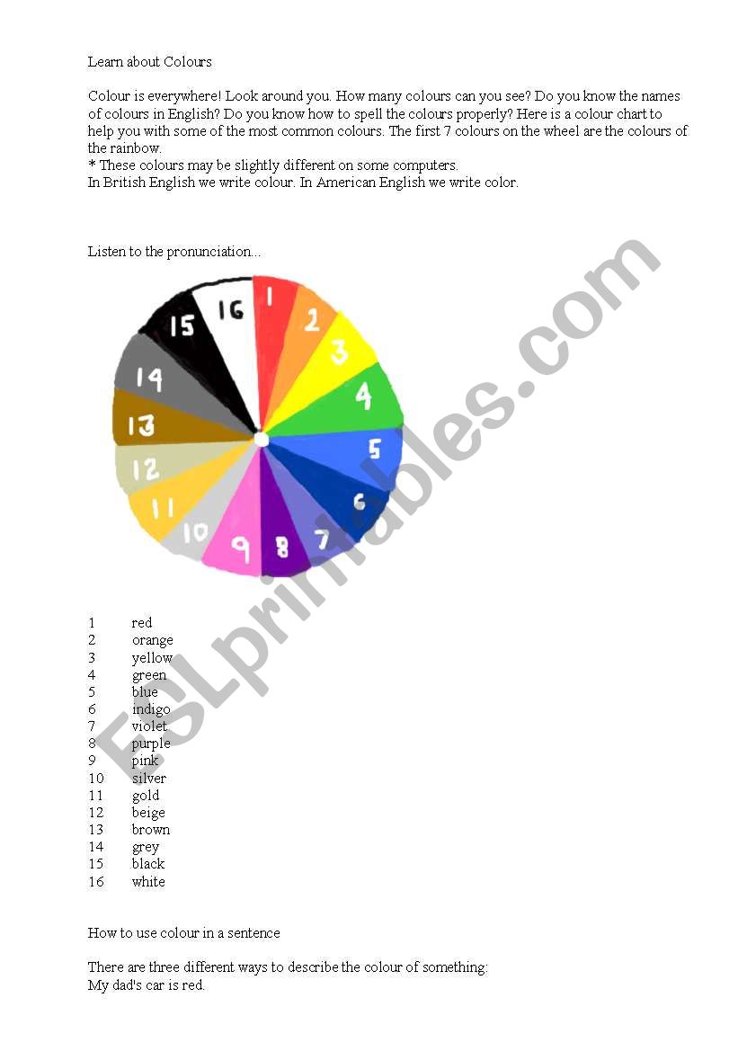 colours worksheet