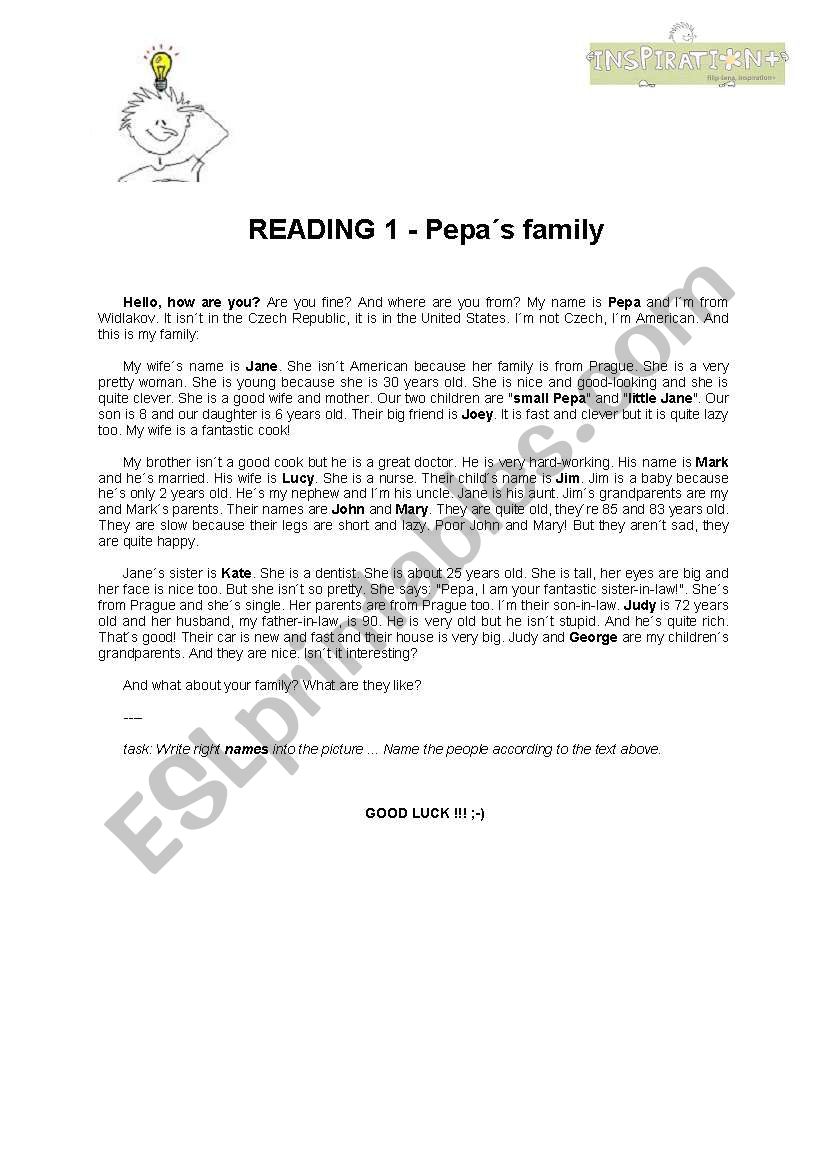 READING 1 - Pepa´s family (+ picture chart 