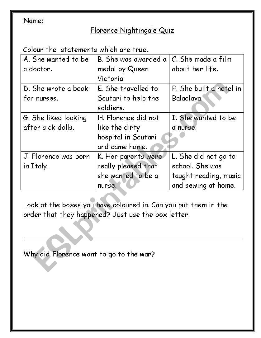 florence nightingale quiz worksheet