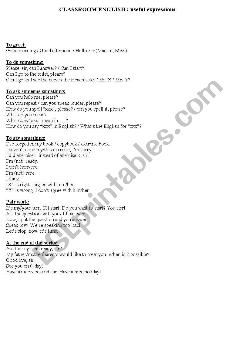 English Classroom Expressions worksheet