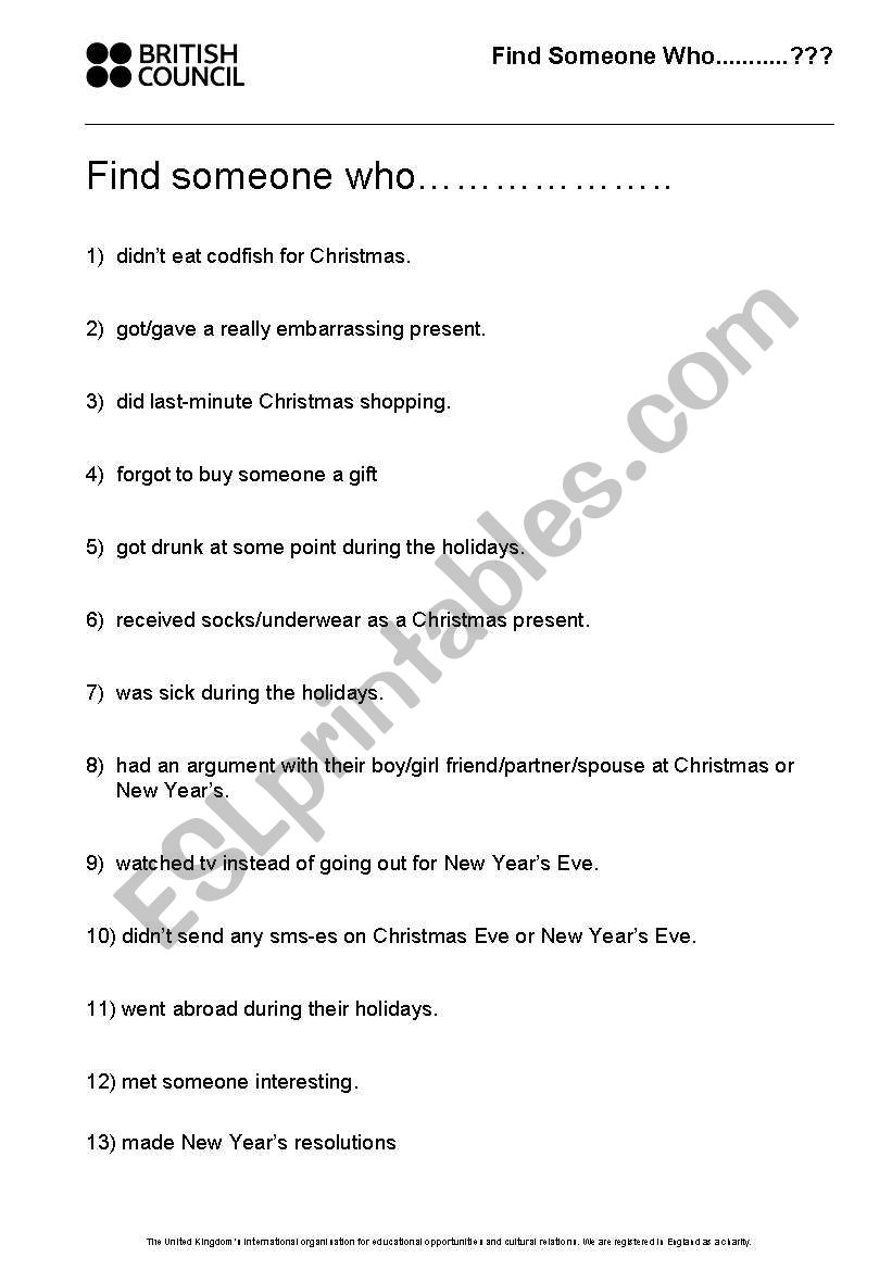 Post Xmas Find someone who... worksheet