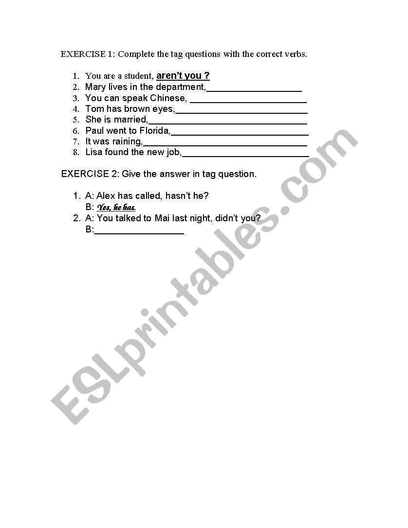 tag question worksheet