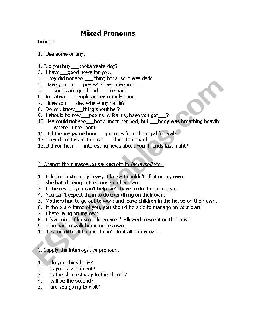 exam questions about pronouns worksheet