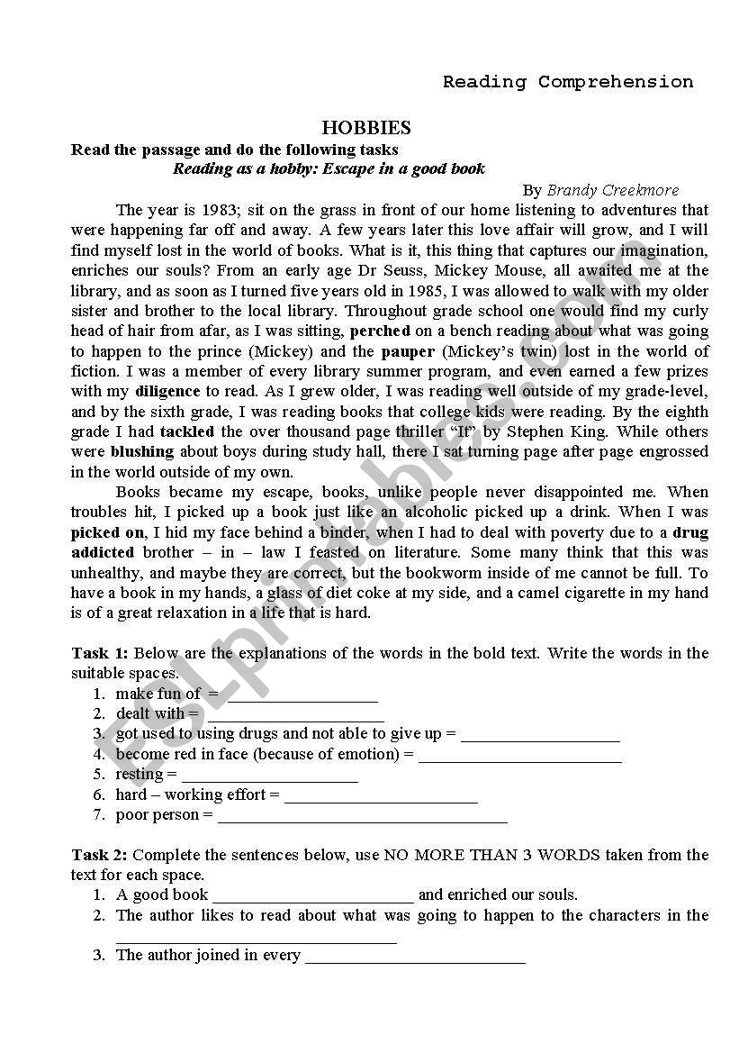reading as a hobby worksheet