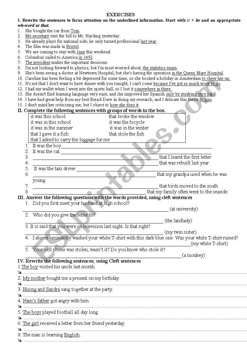 cleft sentences worksheet