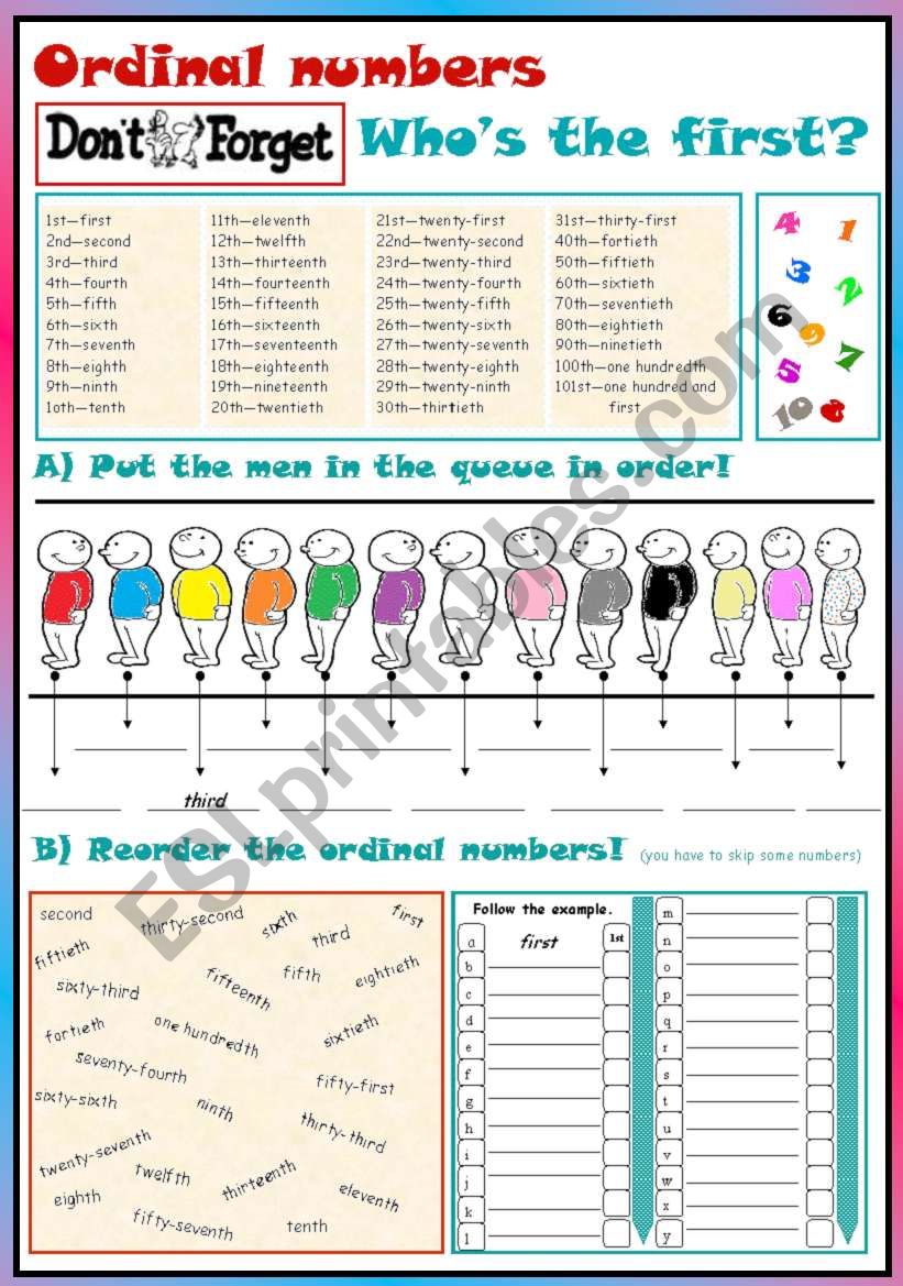 Ordinal numbers worksheet