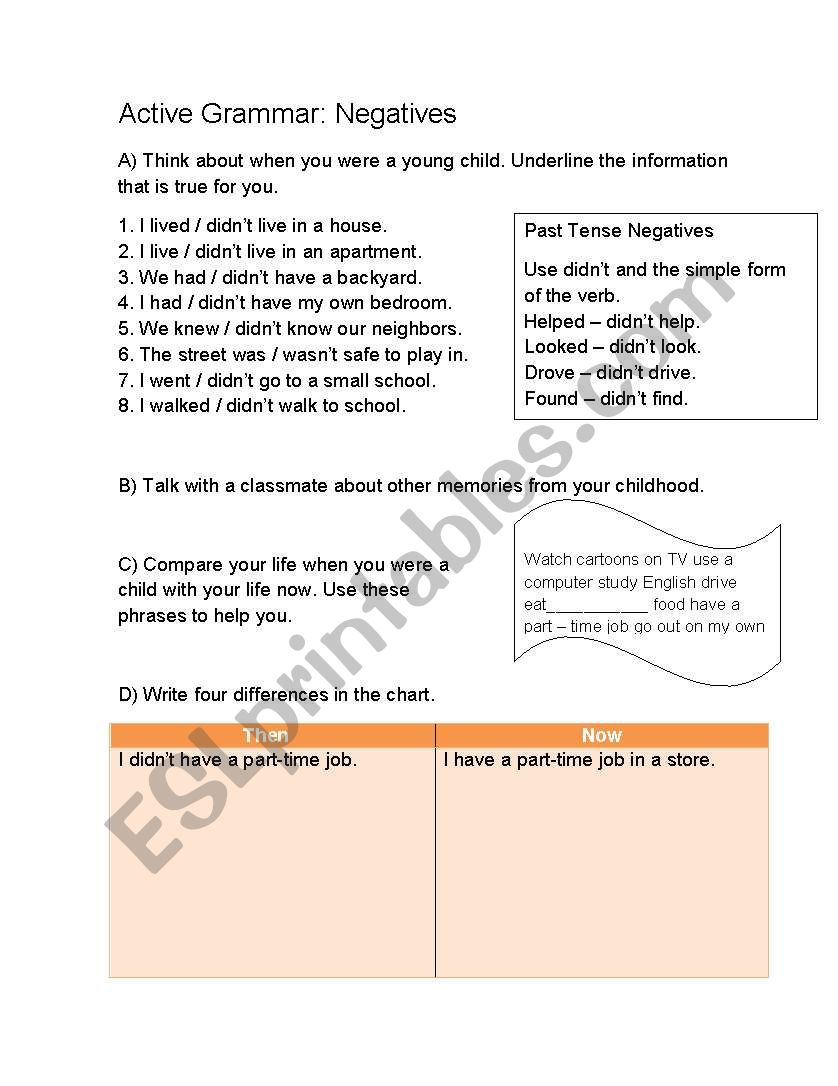 WHEN YOU WERE A YOUNG CHILD worksheet
