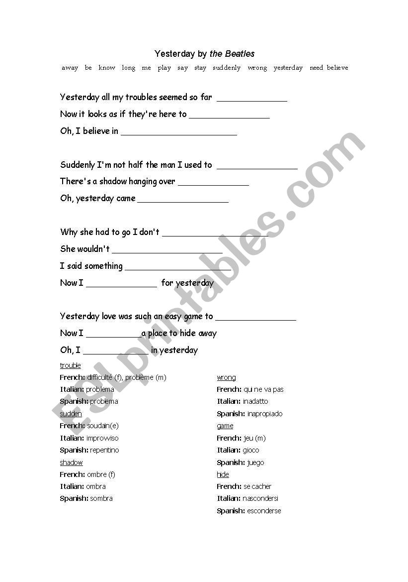 Yesterday by the Beatles worksheet