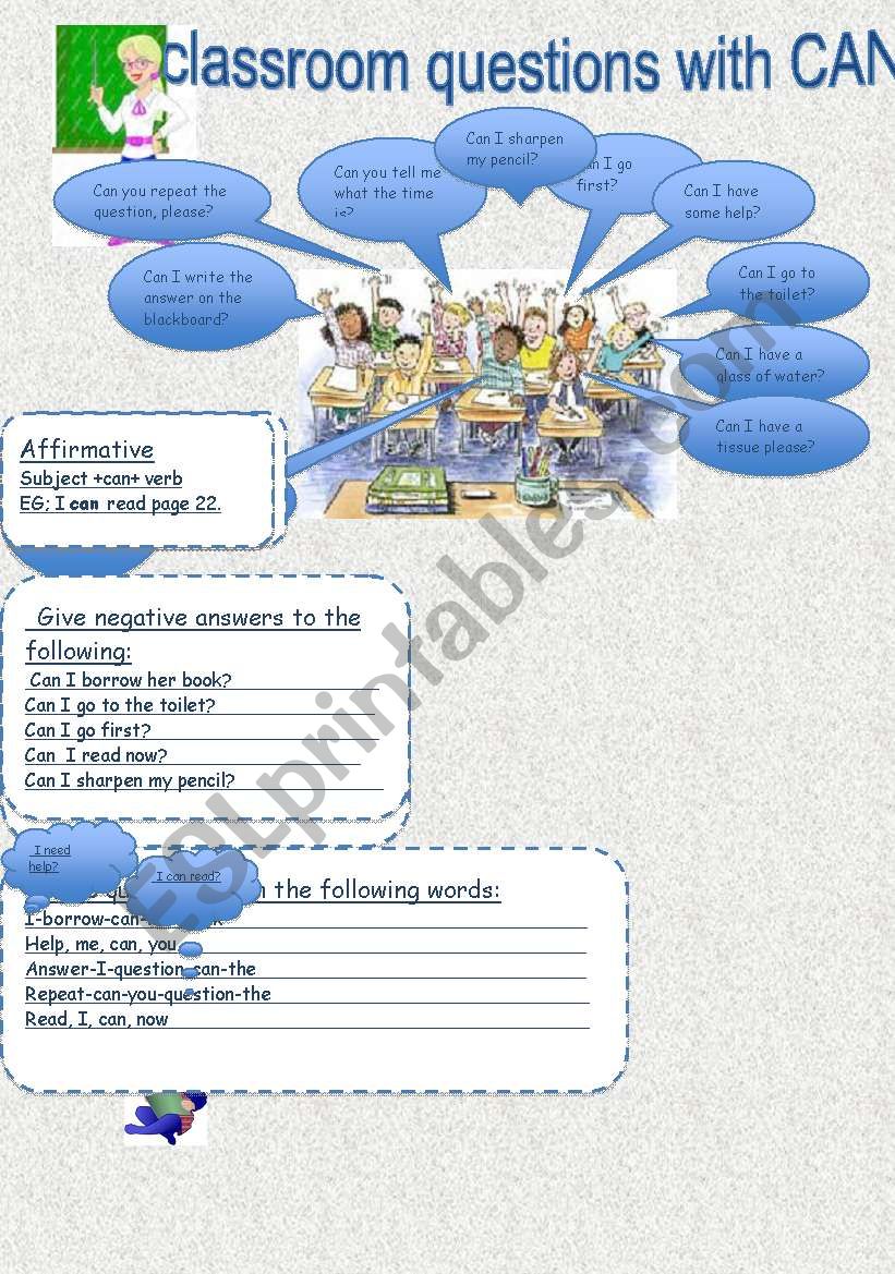 classroom questions with can worksheet